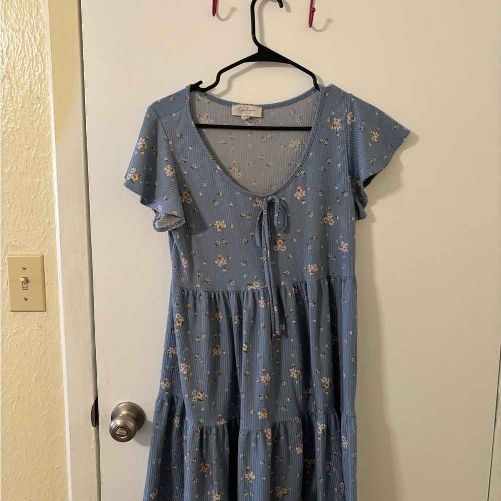 Blue Floral Dress with Flutter Sleeves